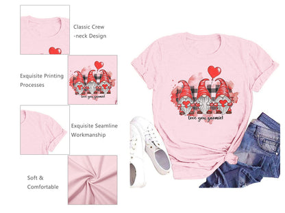 Valentine's Day Shirt for Womens Cute Gnomes T-Shirt Love Heart Printed Shirts Short Sleeve Graphic Tees Tops