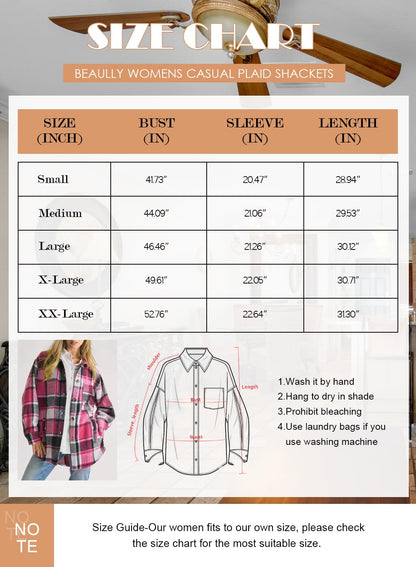 Beaully Women's Flannel Plaid Shacket Long Sleeve Button Down Shirts Jacket Coats with Side Pockets