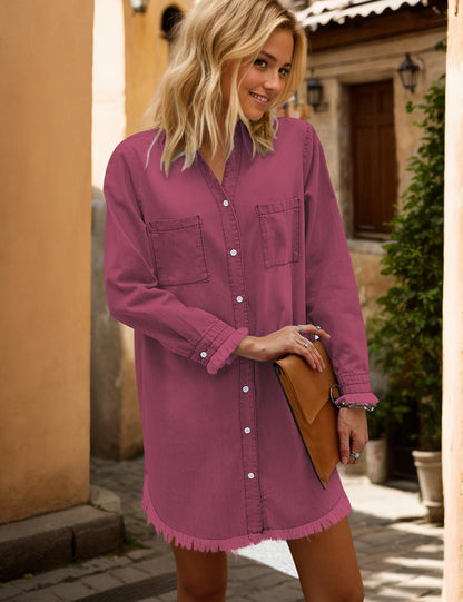 Zilcremo Women Denim Shirt Dresses Long Sleeve Distressed Jean Dress Button Down Casual Tunic Top