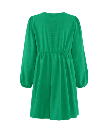 ZESICA Women's Dress Fall Long Puff Sleeve Self Tie Front Babydoll A Line Pleated Cute Mini Tunic Dresses 2025