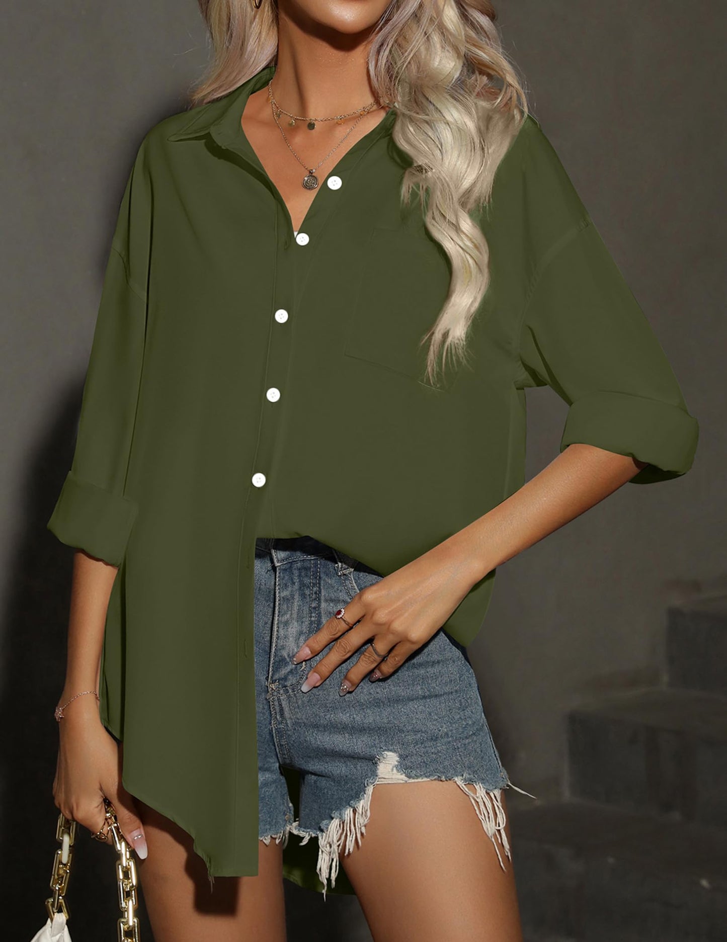 HOTOUCH Women Oversized Button Down Shirts Office Drop Shoulder Blouse Long Sleeve Boyfriend Dress Shirt with Pockets