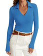 Womens Long Sleeve V Neck Polo Shirts Business Casual Collared Work Top Slim Fitted Basic 2024 Fall Shirt