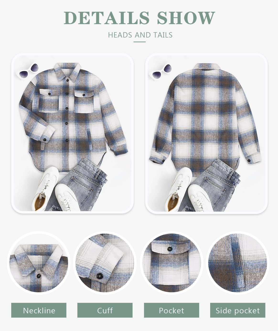 Beaully Women's Flannel Plaid Shacket Long Sleeve Button Down Shirts Jacket Coats with Side Pockets