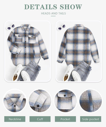 Beaully Women's Flannel Plaid Shacket Long Sleeve Button Down Shirts Jacket Coats with Side Pockets