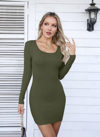 Valiamcep Women's Dress Square Neck Long Sleeve Ribbed Knit Slim Fitted Basic Bodycon Mini Pencil Dresses