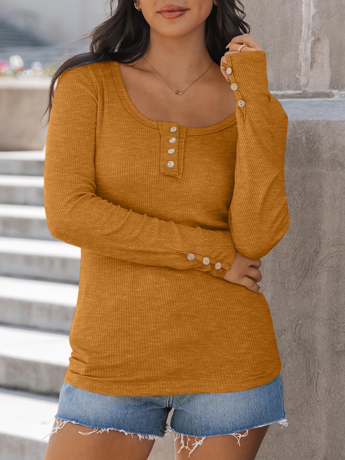 Kissfix Womens Long Sleeve Shirts Going Out Fall Clothes Casual Henley Tops Ribbed Knit Blouses Fashion Trendy Outfits