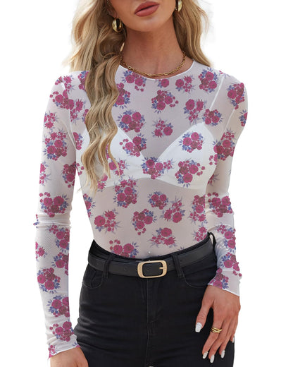 WIHOLL Womens Mesh Sheer Tops Sexy Crew Neck Summer Loose FIt Party Clubwear Shirts