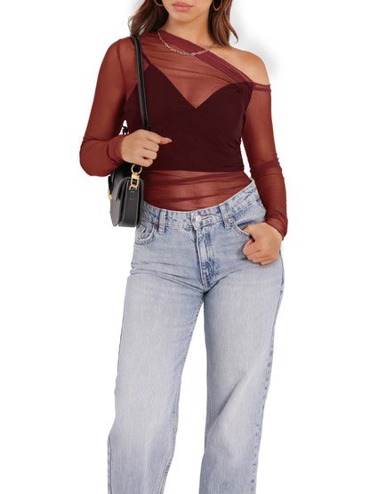 WIHOLL Womens Mesh Sheer Tops Sexy Crew Neck Summer Loose FIt Party Clubwear Shirts