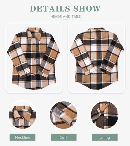 Beaully Women's Flannel Plaid Shacket Long Sleeve Button Down Shirts Jacket Coats with Side Pockets