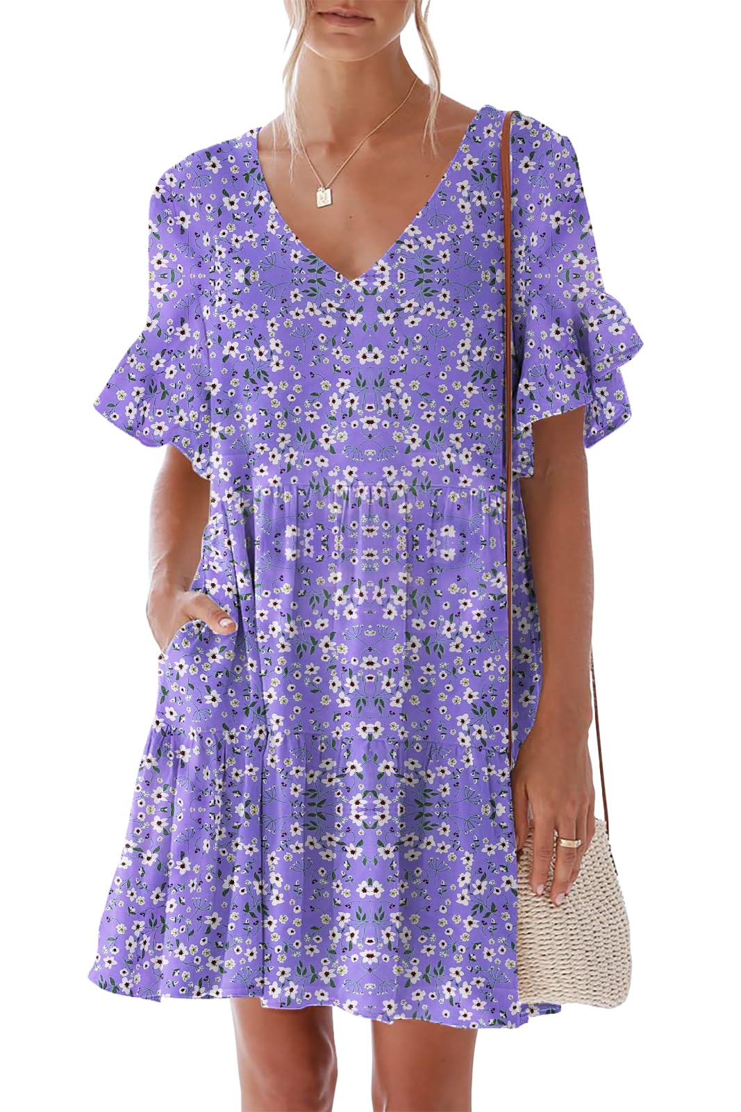 nclook Women's Summer Casual Dress Sweet & Cute V-Neck Mini Dress with Pocket Short Sleevele Ruffle Dress