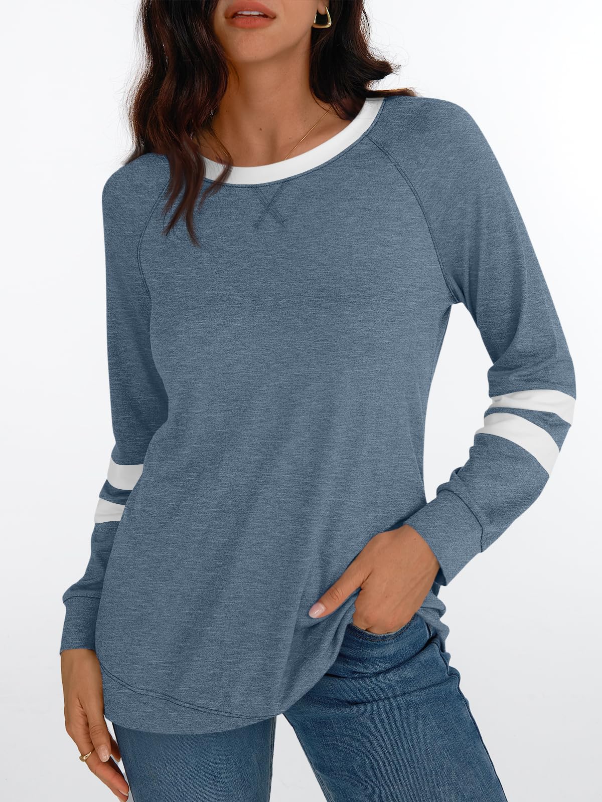 AUTOMET Womens Long Sleeve Shirts Color Block Casual Crewneck Tops Tshirt Basic Tees Fall Fashion Clothes Trendy Outfits