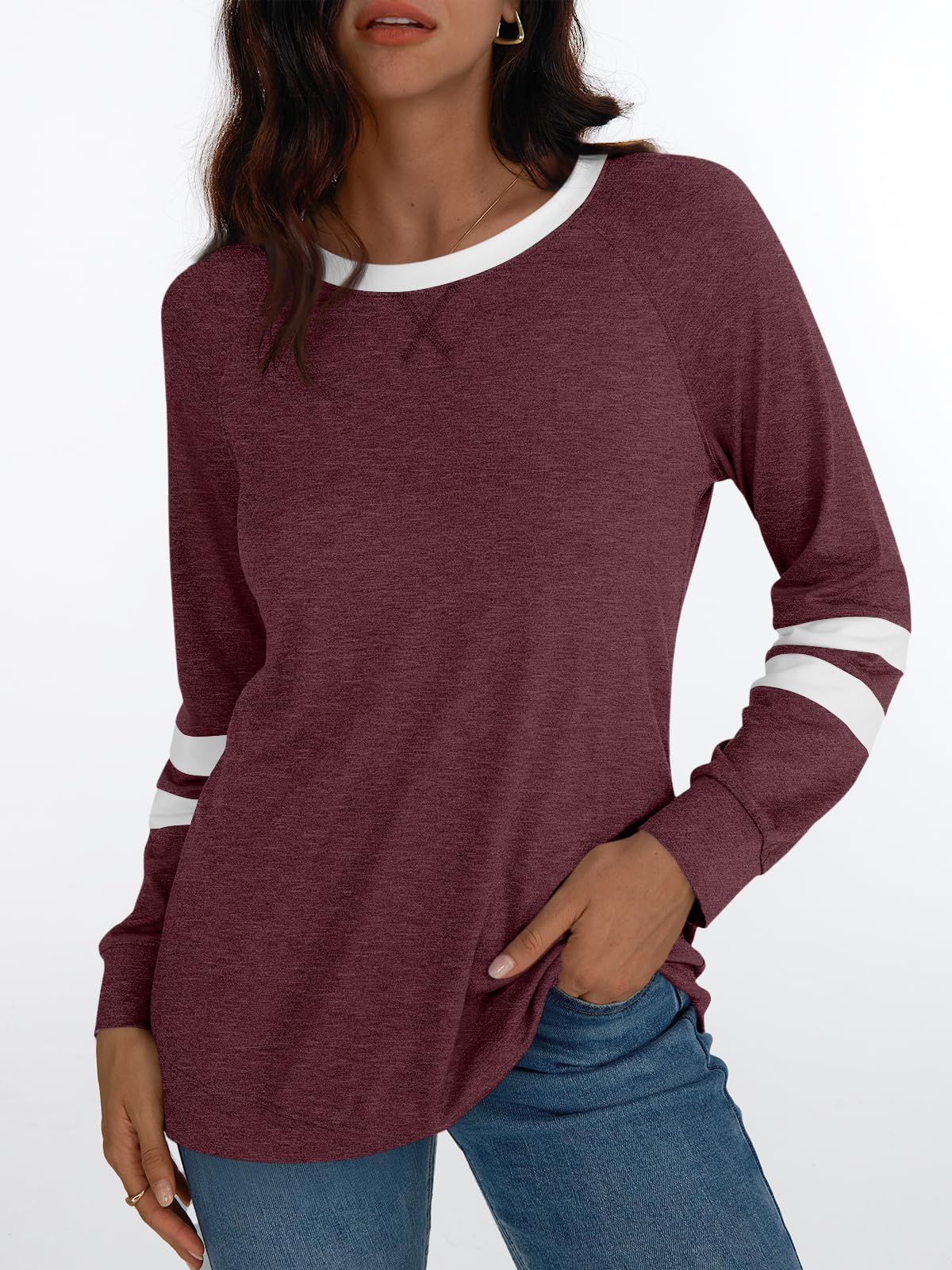 AUTOMET Womens Long Sleeve Shirts Color Block Casual Crewneck Tops Tshirt Basic Tees Fall Fashion Clothes Trendy Outfits
