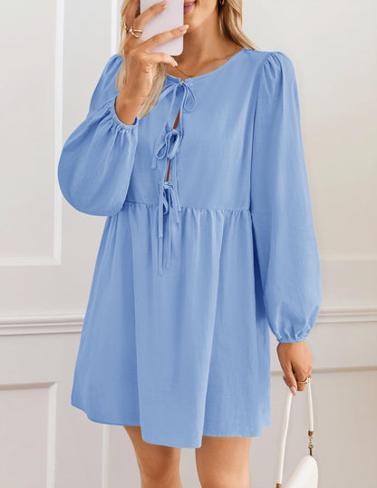 ZESICA Women's Dress Fall Long Puff Sleeve Self Tie Front Babydoll A Line Pleated Cute Mini Tunic Dresses 2025