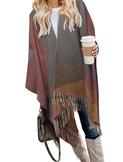 Bestshe Women's Boho Open Front Poncho Knitted Plaid Shawl Wrap Cape Tassel Cardigan Sweater