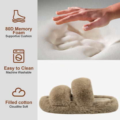 FamilyFairy Women's Fluffy Faux Fur Slippers Comfy Open Toe Two Band Slides with Fleece Lining and Rubber Sole