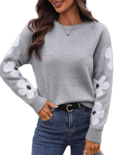 Women's Casual Crewneck Sweaters 2024 Fall Winter Fashion Floral Pattern Long Sleeve Trendy Drop Shoulder Pullover Tops