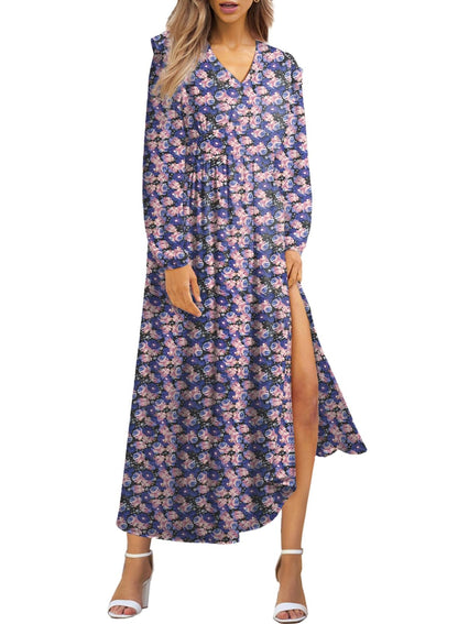 BLENCOT Womens Casual Boho Deep V Neck Short Sleeve Long Dress