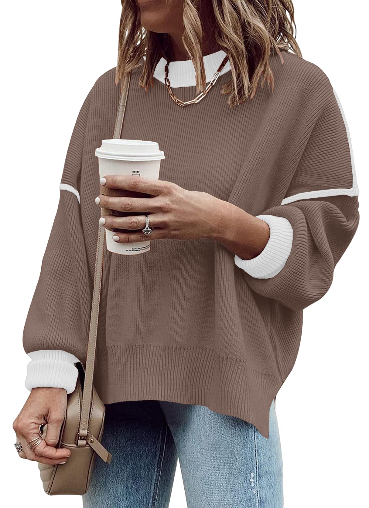 ETCYY Womens Oversized Sweaters Fall 2024 Fashion Clothes Trendy Batwing Sleeve Colorblock Striped Knit Pullover Sweater Tops