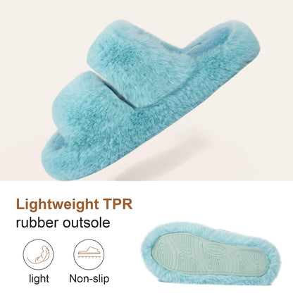 FamilyFairy Women's Fluffy Faux Fur Slippers Comfy Open Toe Two Band Slides with Fleece Lining and Rubber Sole