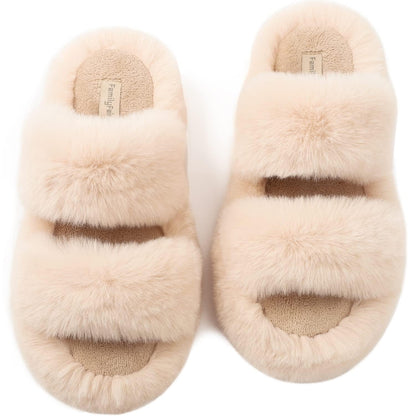 FamilyFairy Women's Fluffy Faux Fur Slippers Comfy Open Toe Two Band Slides with Fleece Lining and Rubber Sole
