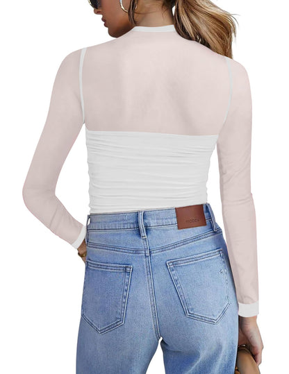 Zeagoo Women's Sexy Mock Turtle Neck Long Sleeve Tops Sheer Mesh Ruched Trendy Going Out Shirts Blouse
