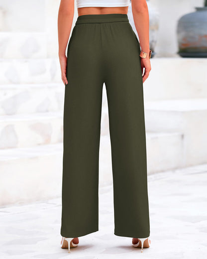 BTFBM Women's Casual Wide Leg Pants Summer Fall Clothes Pleated Elastic Waist Loose Palazzo Knit Trousers with Pockets