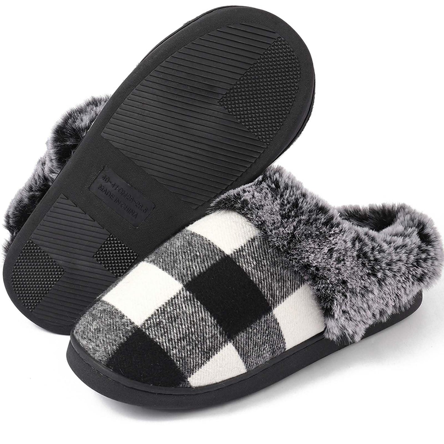 Checkered Slippers House Slippers for Women Men Funny Fluffy Slippers Memory Foam Womens House Shoes Outdoor Indoor Warm Plush Bedroom Slippers for Winter