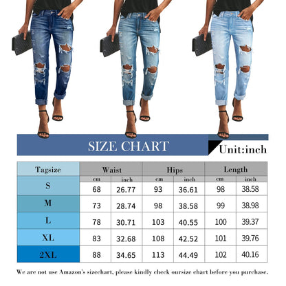 KUNMI Women's Ripped Mid Waisted Boyfriend Jeans Loose Fit Distressed Stretchy Denim Pants