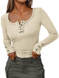 Kissfix Womens Long Sleeve Shirts Going Out Fall Clothes Casual Henley Tops Ribbed Knit Blouses Fashion Trendy Outfits