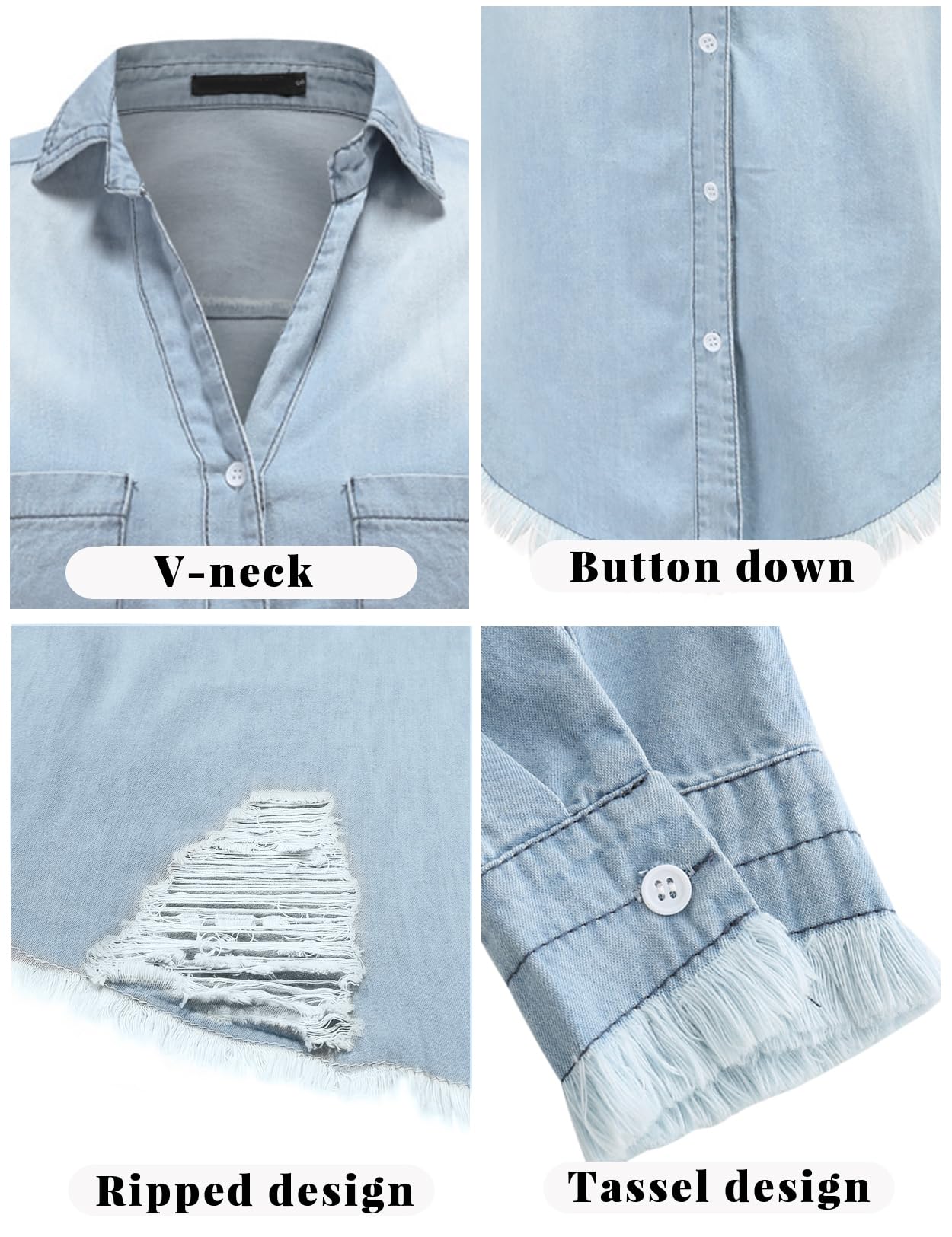 Zilcremo Women Denim Shirt Dresses Long Sleeve Distressed Jean Dress Button Down Casual Tunic Top