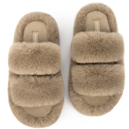 FamilyFairy Women's Fluffy Faux Fur Slippers Comfy Open Toe Two Band Slides with Fleece Lining and Rubber Sole