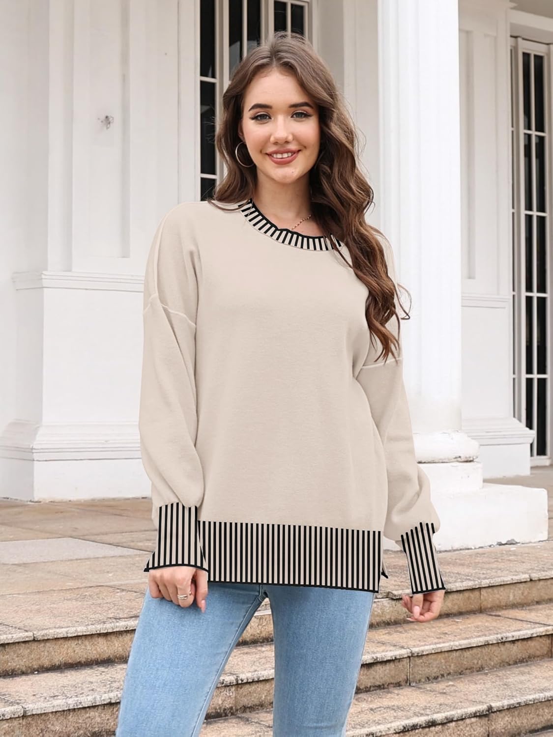 ETCYY Womens Oversized Sweaters Fall 2024 Fashion Clothes Trendy Batwing Sleeve Colorblock Striped Knit Pullover Sweater Tops