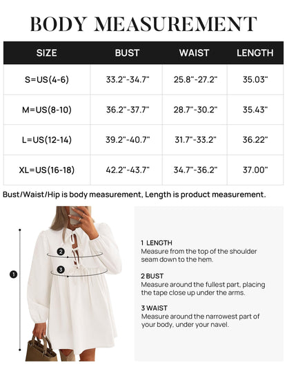 ZESICA Women's Dress Fall Long Puff Sleeve Self Tie Front Babydoll A Line Pleated Cute Mini Tunic Dresses 2025
