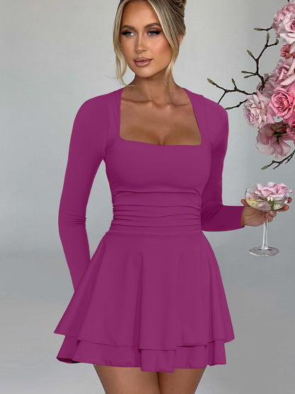Kaximil Women's Square Neck Ruffle Hem Mini Dress Ruched Waist Long Sleeve Corset Short Party Dresses