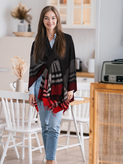Bestshe Women's Boho Open Front Poncho Knitted Plaid Shawl Wrap Cape Tassel Cardigan Sweater