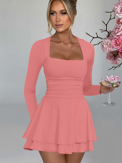 Kaximil Women's Square Neck Ruffle Hem Mini Dress Ruched Waist Long Sleeve Corset Short Party Dresses