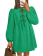 ZESICA Women's Dress Fall Long Puff Sleeve Self Tie Front Babydoll A Line Pleated Cute Mini Tunic Dresses 2025