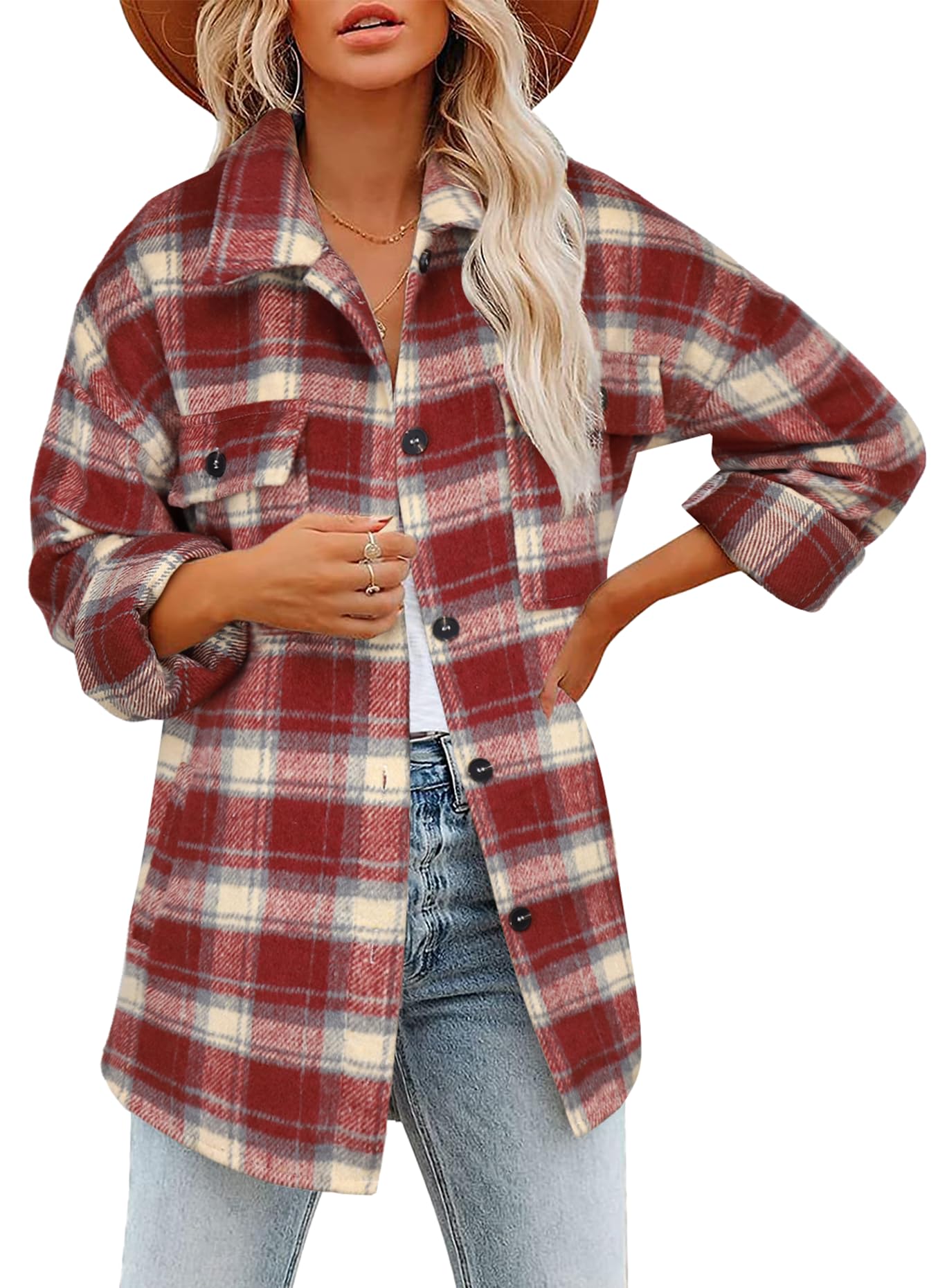 Beaully Women's Flannel Plaid Shacket Long Sleeve Button Down Shirts Jacket Coats with Side Pockets