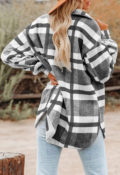Beaully Women's Flannel Plaid Shacket Long Sleeve Button Down Shirts Jacket Coats with Side Pockets