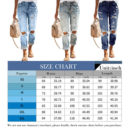 KUNMI Women's Ripped Mid Waisted Boyfriend Jeans Loose Fit Distressed Stretchy Denim Pants