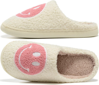 Retro Fuzzy Face Slippers for Women Men, Retro Soft Fluffy Warm Home Non-Slip Couple Style Casual Smile Face Slippers Indoor Outdoor Anti-Skid Warm Cozy Foam Slide Fuzzy Slides with Soft Memory Foam Shoes