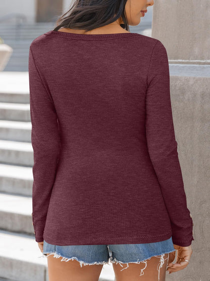 Kissfix Womens Long Sleeve Shirts Going Out Fall Clothes Casual Henley Tops Ribbed Knit Blouses Fashion Trendy Outfits