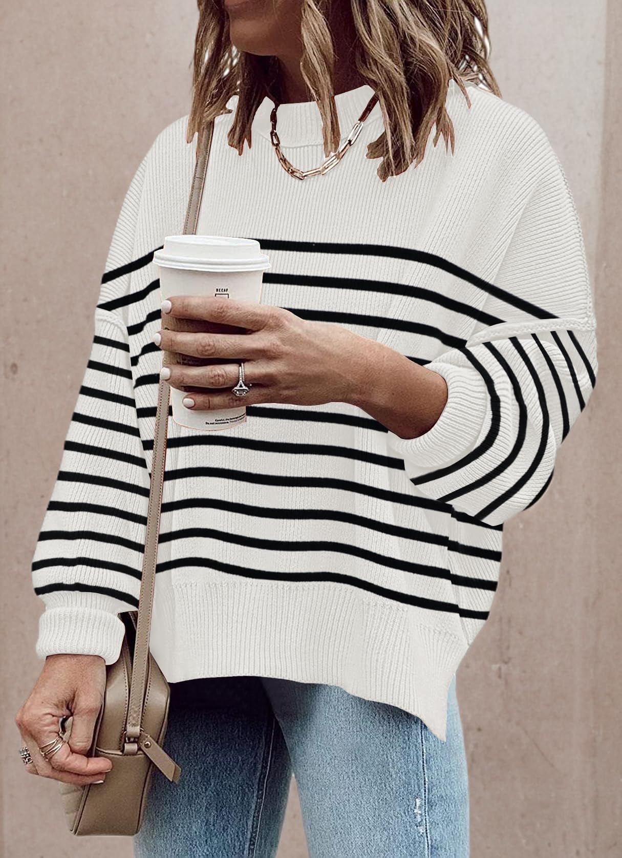 ETCYY Womens Oversized Sweaters Fall 2024 Fashion Clothes Trendy Batwing Sleeve Colorblock Striped Knit Pullover Sweater Tops