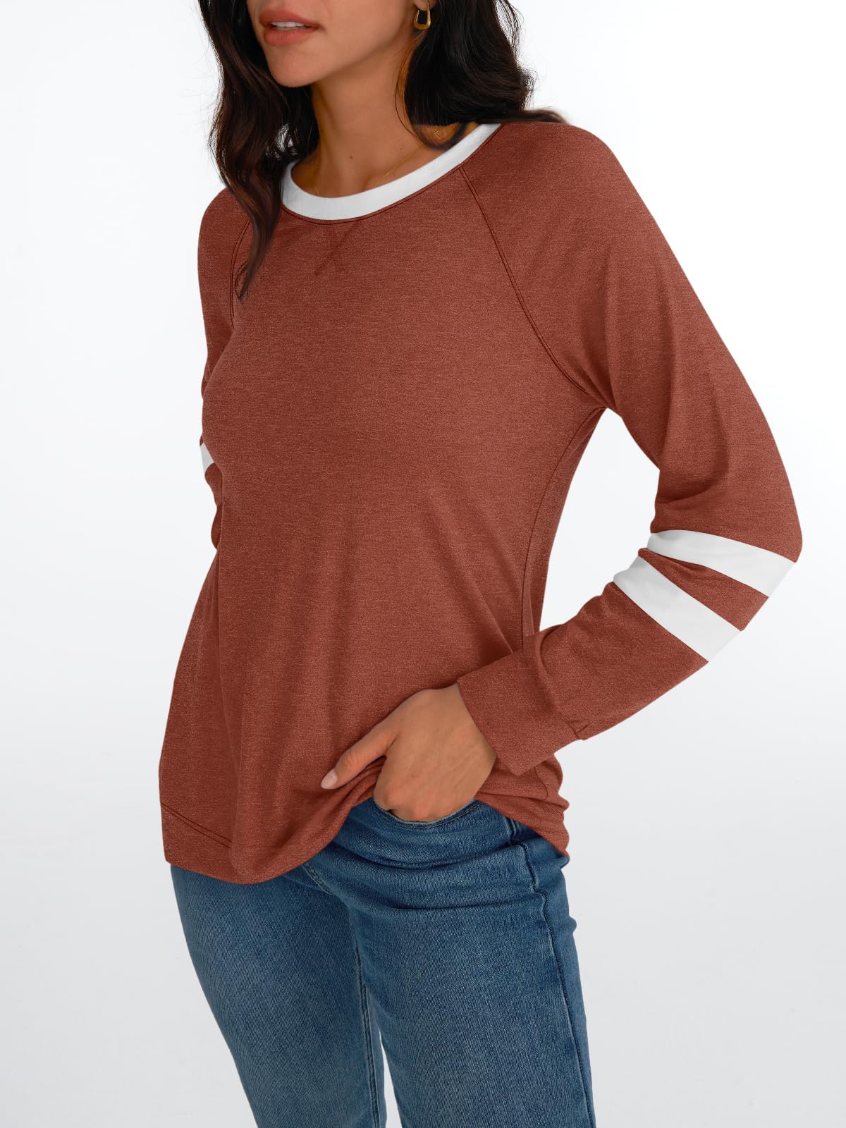 AUTOMET Womens Long Sleeve Shirts Color Block Casual Crewneck Tops Tshirt Basic Tees Fall Fashion Clothes Trendy Outfits