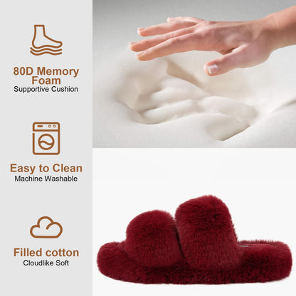FamilyFairy Women's Fluffy Faux Fur Slippers Comfy Open Toe Two Band Slides with Fleece Lining and Rubber Sole