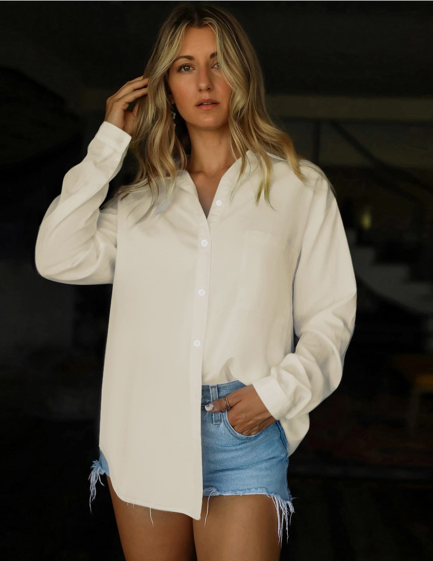 HOTOUCH Women Oversized Button Down Shirts Office Drop Shoulder Blouse Long Sleeve Boyfriend Dress Shirt with Pockets