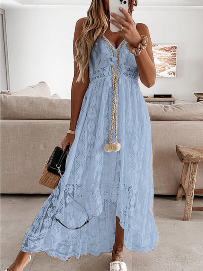 CUPSHE Women's Maxi Dress Lace Dresses Boho Tassel V-Neck Flare Ruffle Adjustable Straps Beach Summer Long Dress