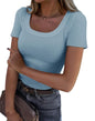 Roselux Women's Summer Scoop Neck Short Sleeve T-Shirts Ribbed Knit Slim Fitted Casual Basic Top