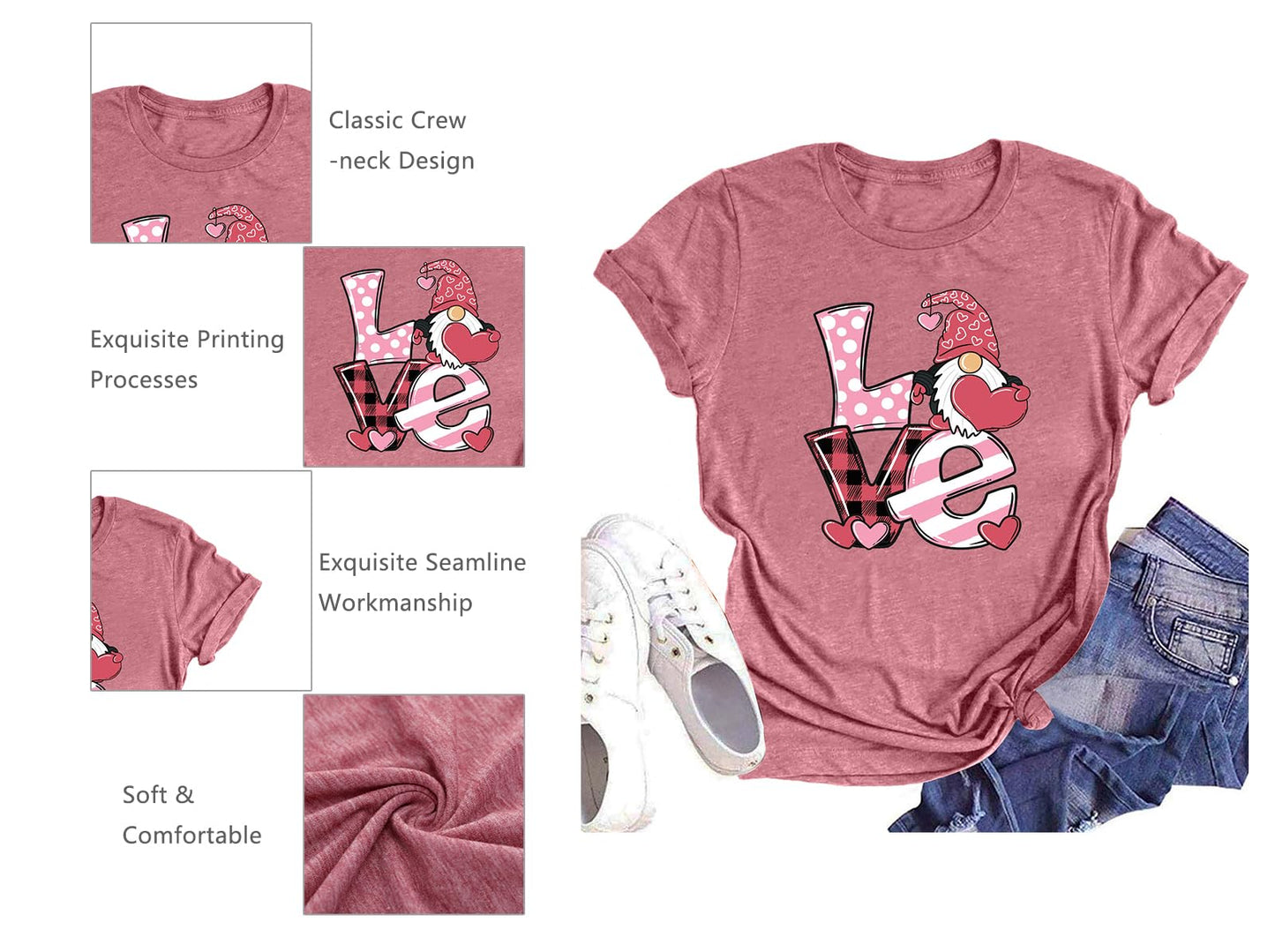 Valentine's Day Shirt for Womens Cute Gnomes T-Shirt Love Heart Printed Shirts Short Sleeve Graphic Tees Tops