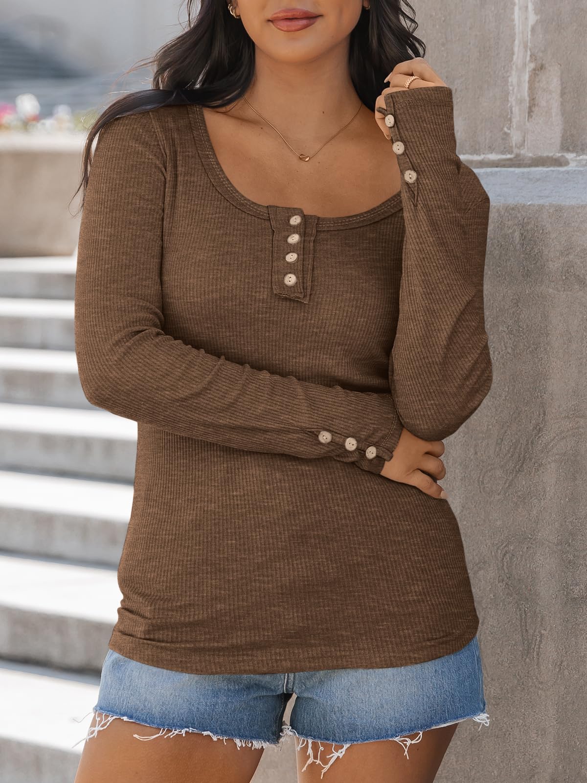 Kissfix Womens Long Sleeve Shirts Going Out Fall Clothes Casual Henley Tops Ribbed Knit Blouses Fashion Trendy Outfits